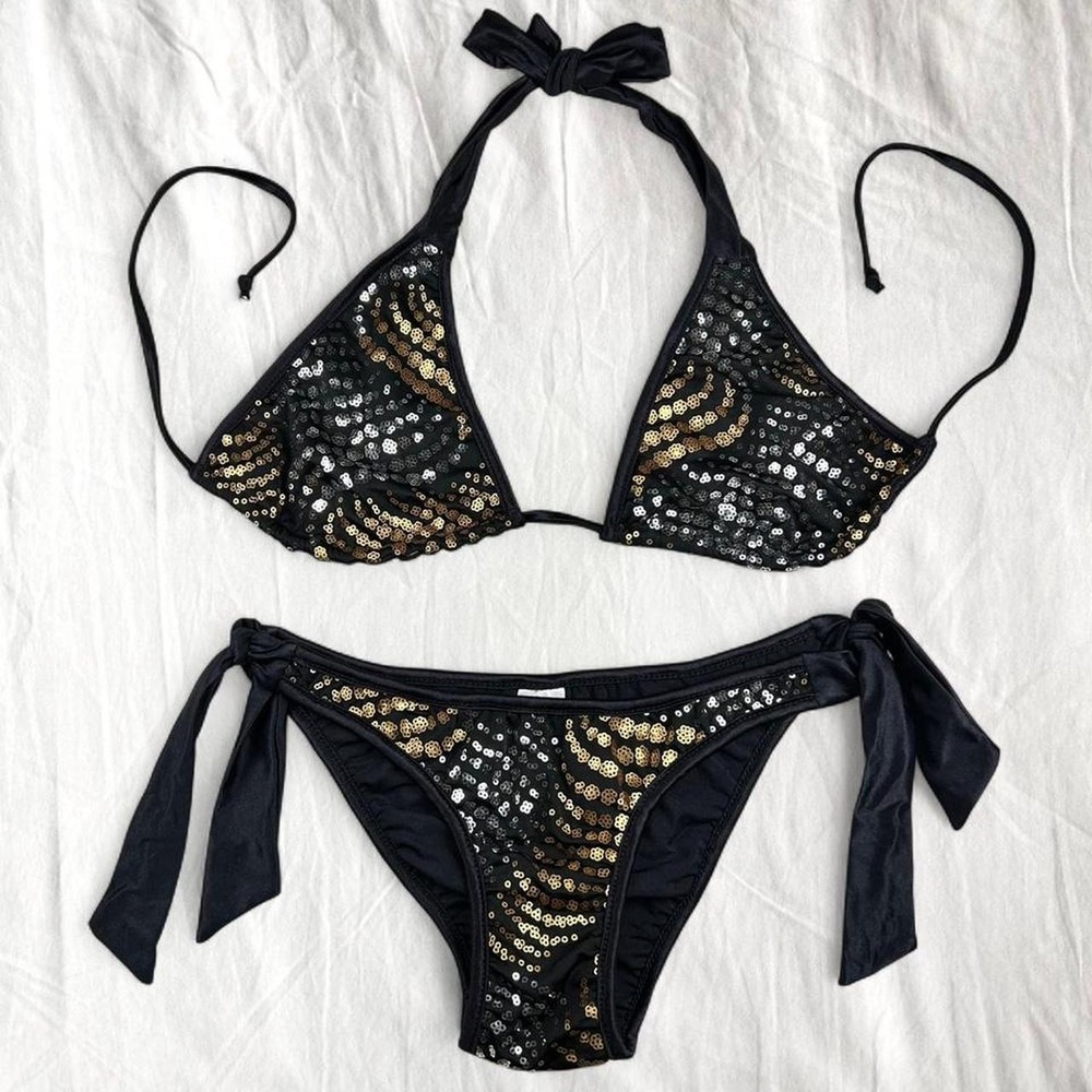 Black & gold sequin bikini set with halter tie, size L